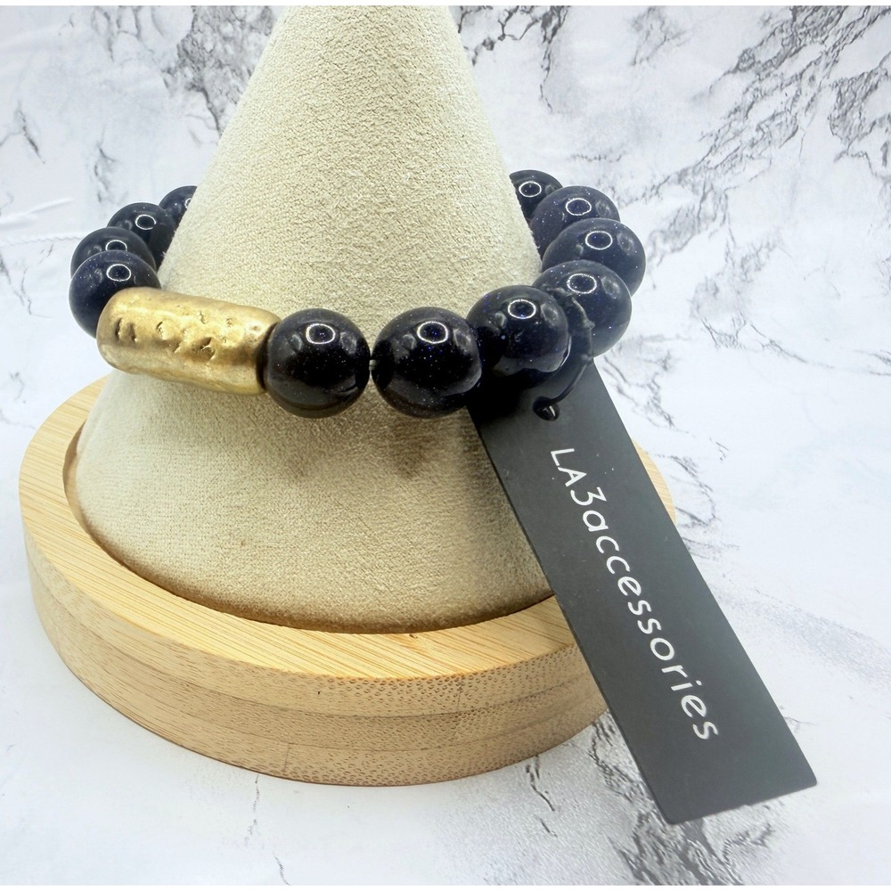 LA3 Accessories Black Glass Bead Gold Accent Stretch Bracelet NWT 6.5 Inch
